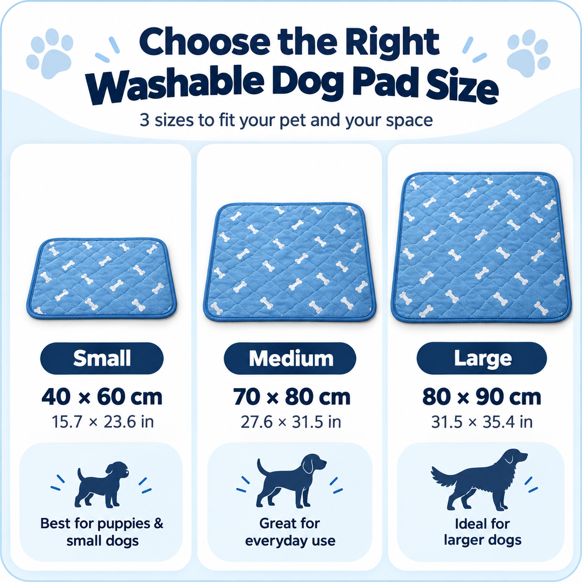 Size guide: Small 40 x 60 cm, Medium 70 x 80 cm, Large 80 x 90 cm
