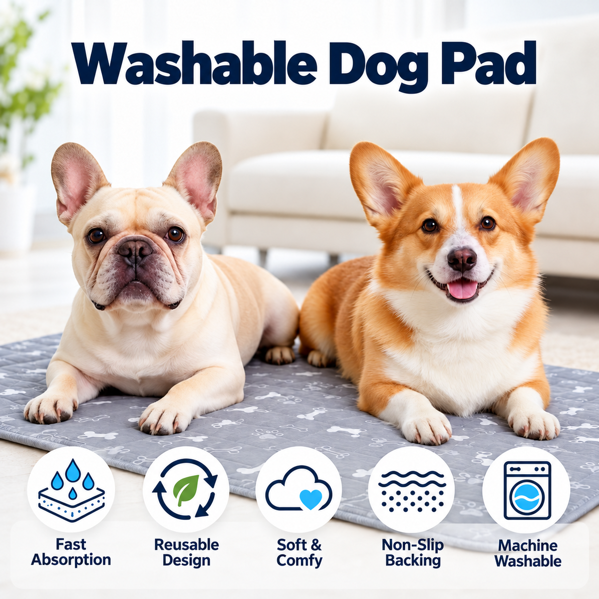 French bulldog and corgi lying on a grey washable dog pad, with icons for absorption, reusable design, soft surface, non-slip backing and machine washable