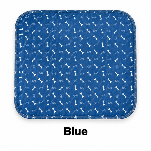 Blue washable dog pad with white bone print