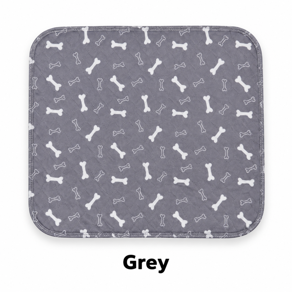 Grey washable dog pad with white bone print