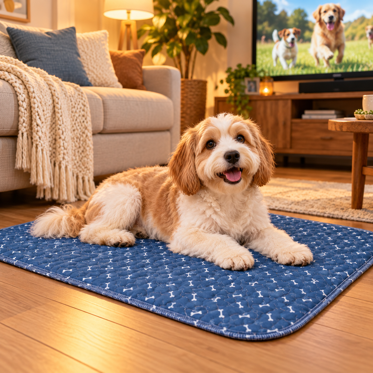 Dog lying on a blue washable pad in a living room