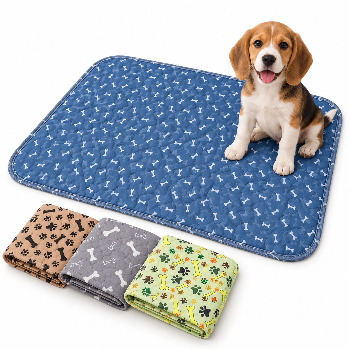 Beagle puppy sitting on a blue Pet Life House washable pad with three folded pads in other colours