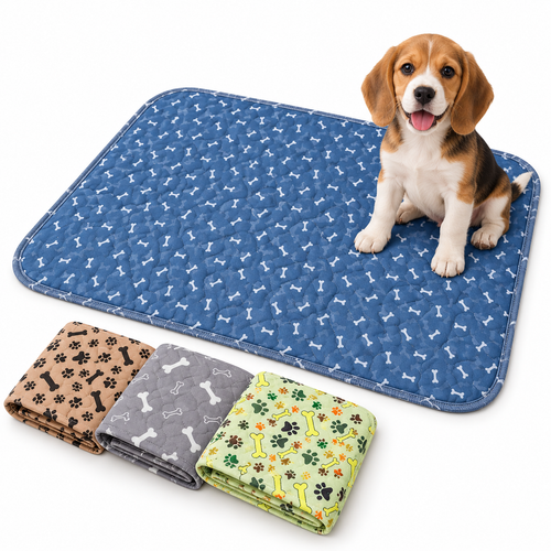 Beagle puppy sitting on a blue Pet Life House washable pad with three folded pads in other colours