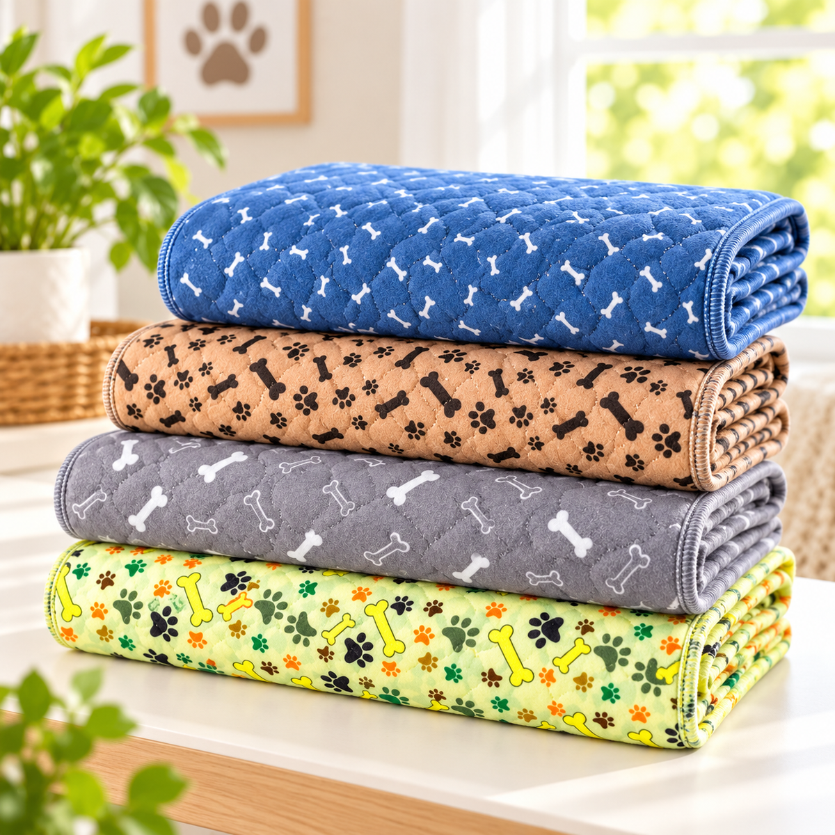 Stack of four folded washable pads in blue, coffee, grey and yellow